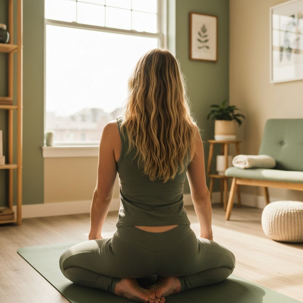 Person practicing mindfulness meditation in a peaceful therapy space